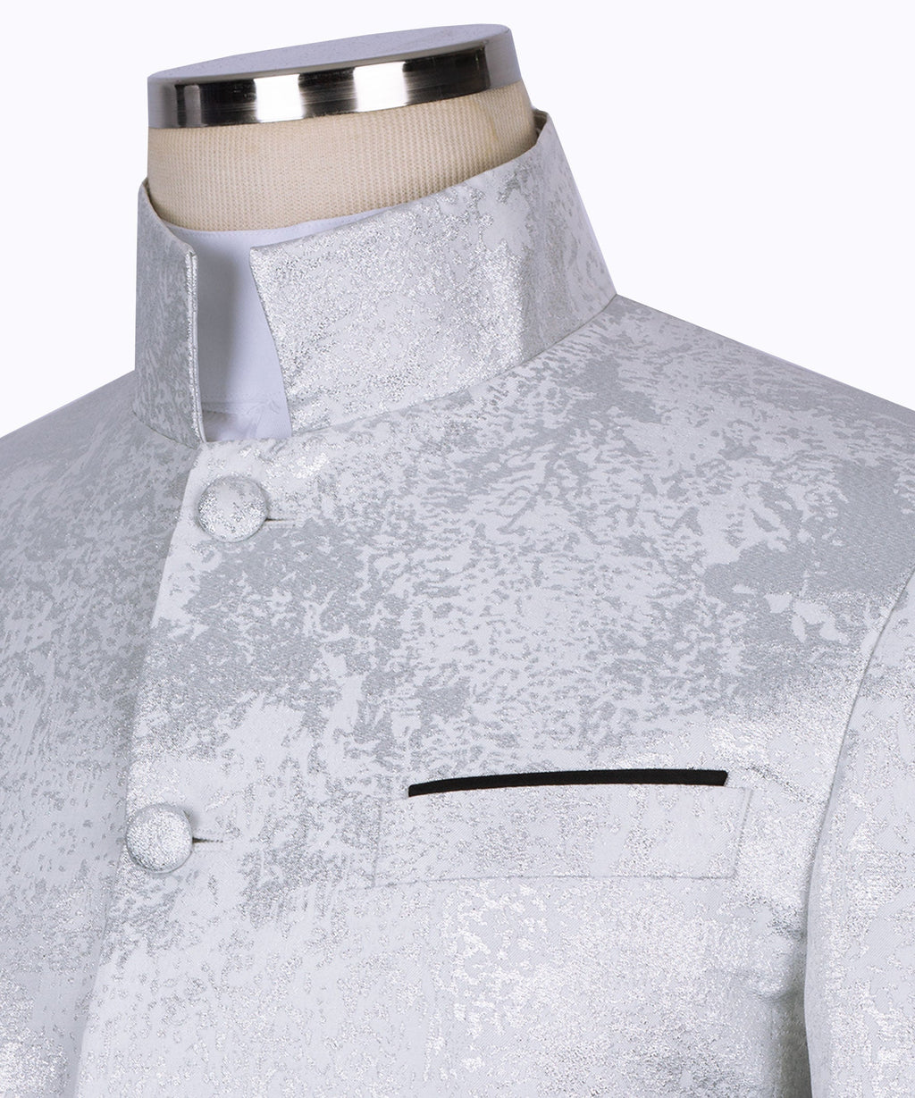 Tuxedo jacket collar and button placket with chest pocket detail; black sash belt