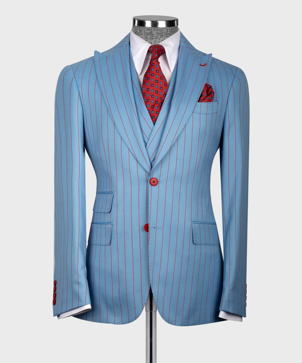 Light-blue pinstripe suit jacket with flap pockets and red button detail, front view