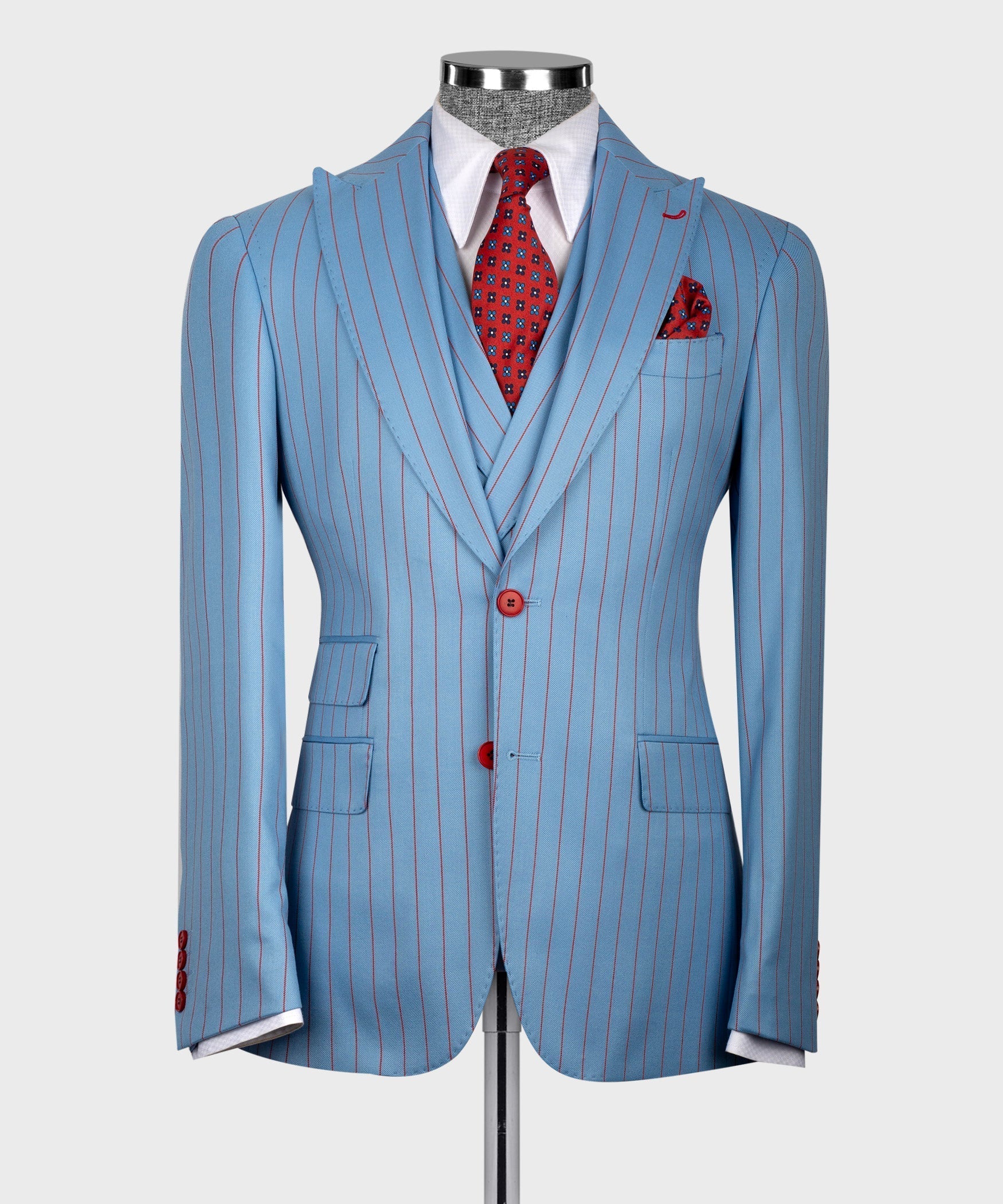 Light-blue pinstripe suit jacket with flap pockets and red button detail, front view