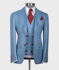 Blue striped 3-piece suit jacket with red patterned tie and matching vest, button front