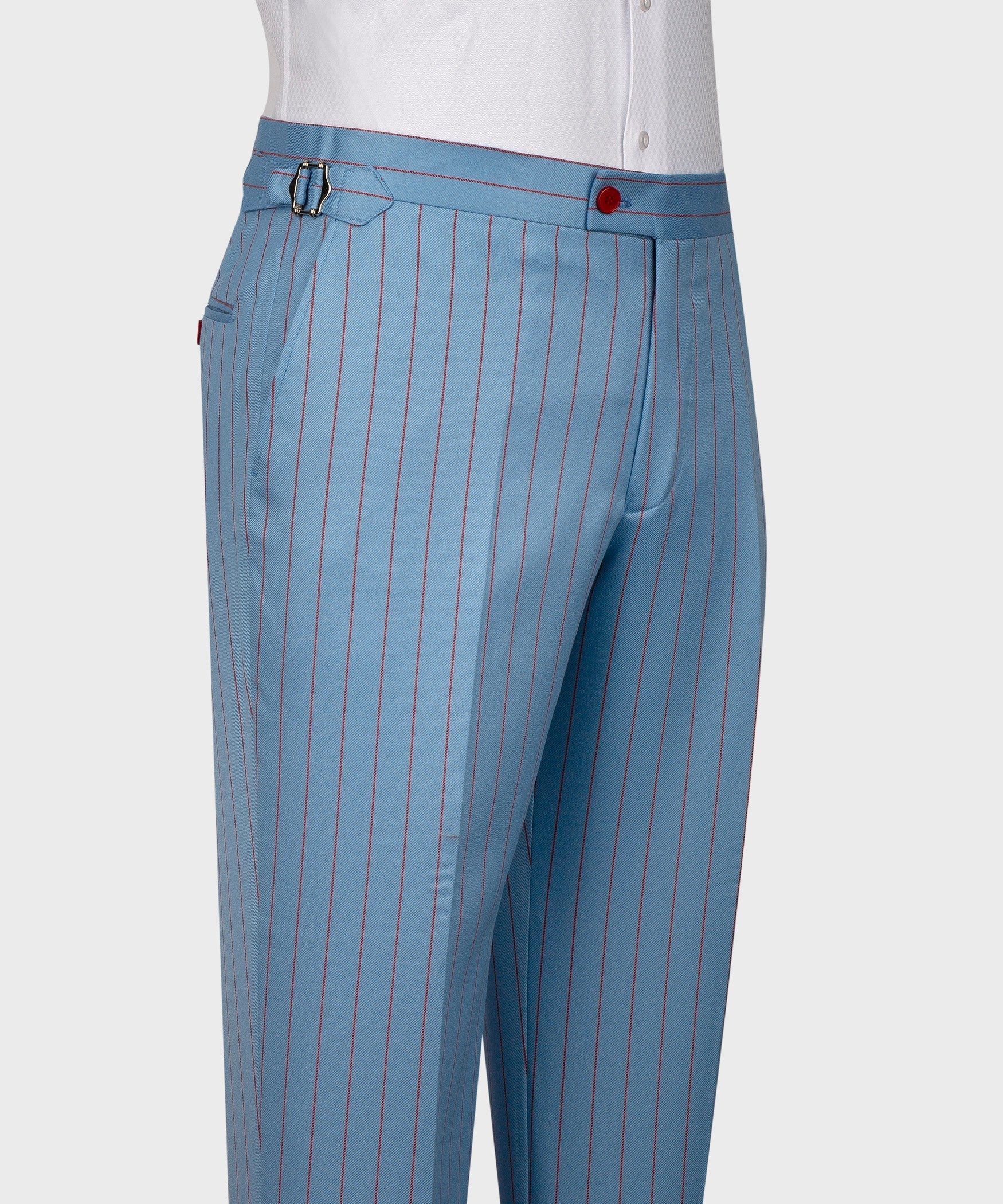 Light-blue pinstripe suit trousers with belt loops and red-button waistband detail