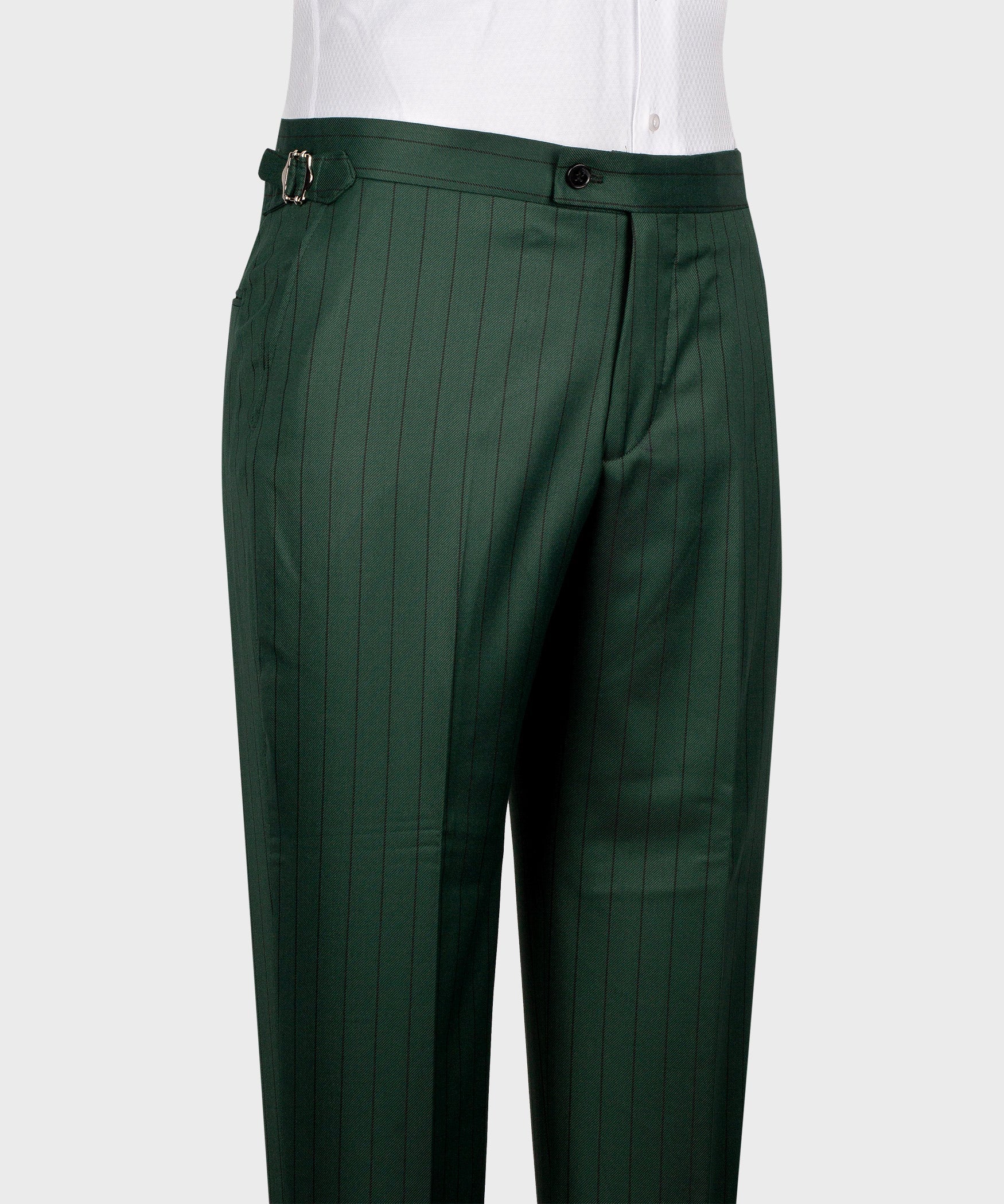 Green pinstripe dress trousers with belt loops and front button closure