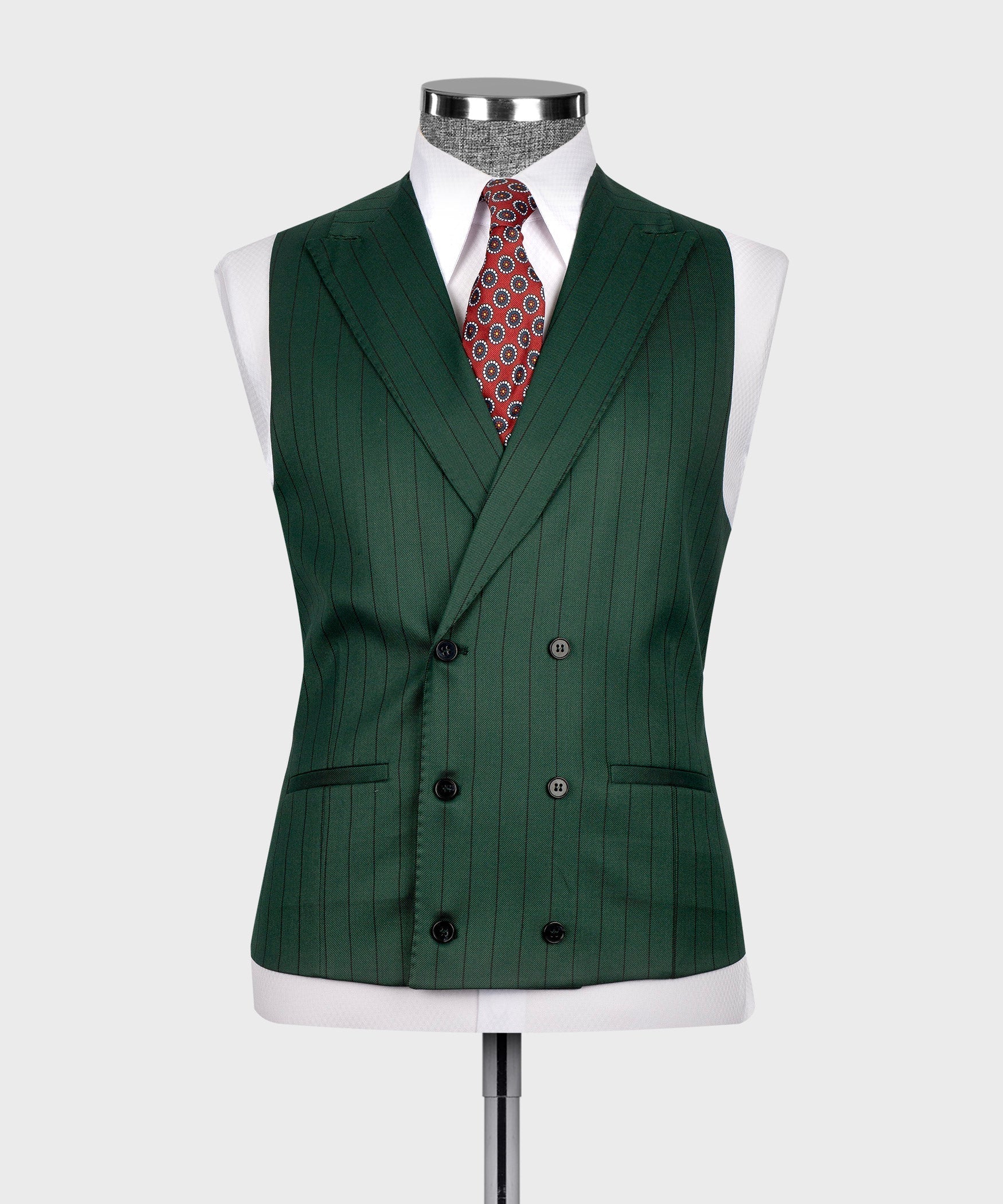 Green striped waistcoat with V-neck, dark buttons, and matching front pockets