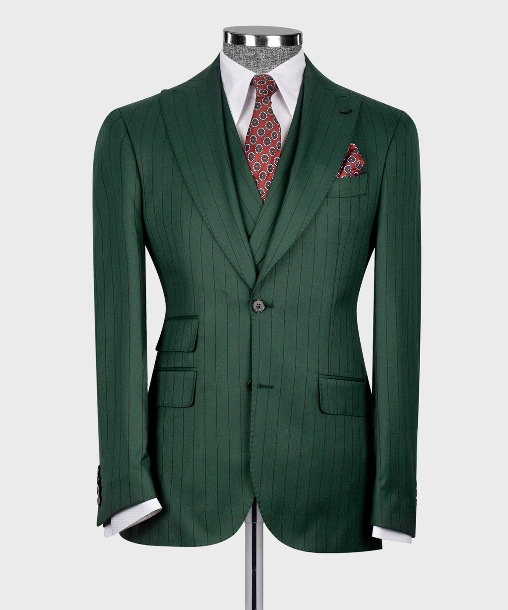 Green pinstripe 3-piece suit jacket with notch lapels and chest pocket detail