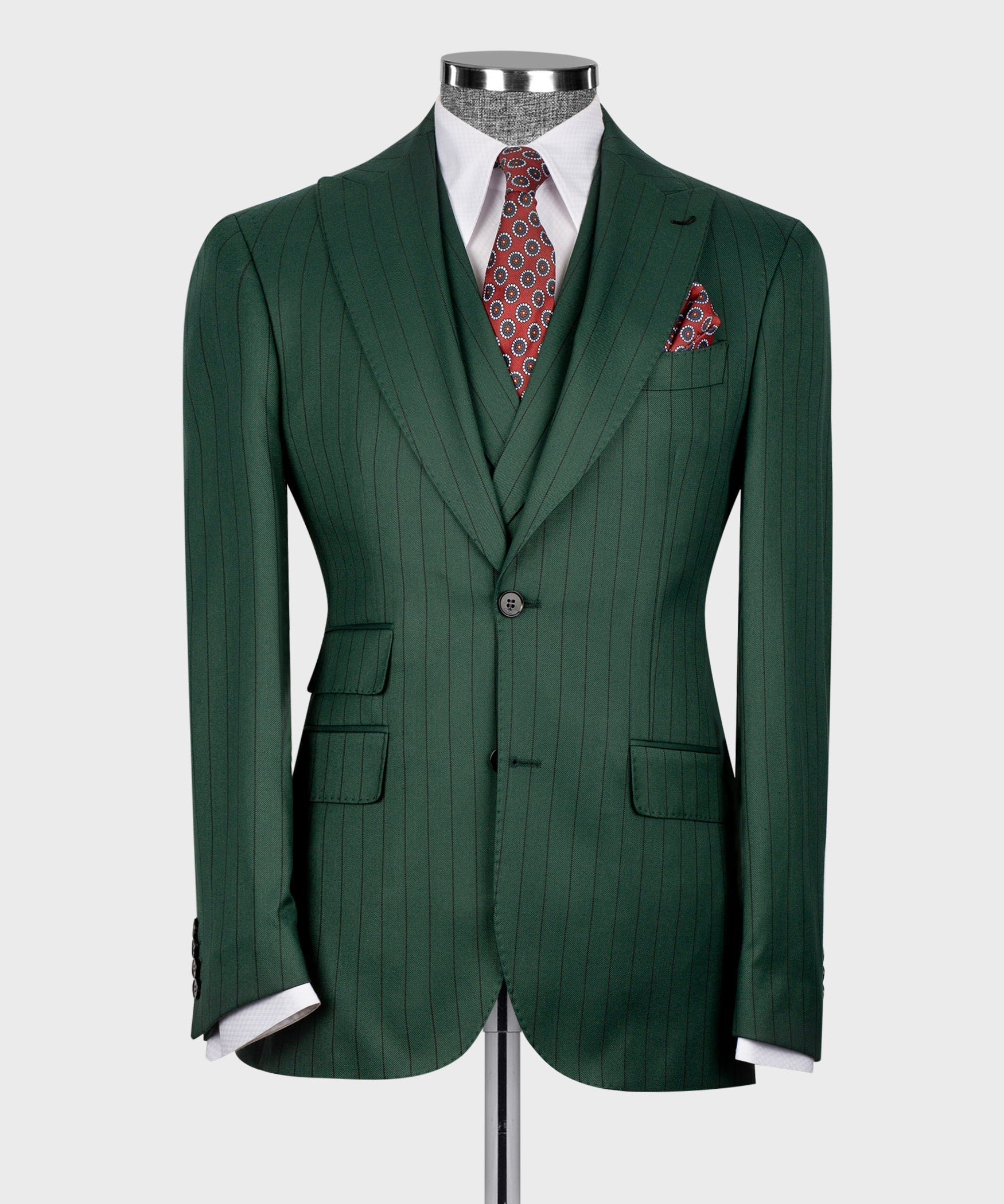 Green pinstripe 3-piece suit jacket with notch lapels and chest pocket detail