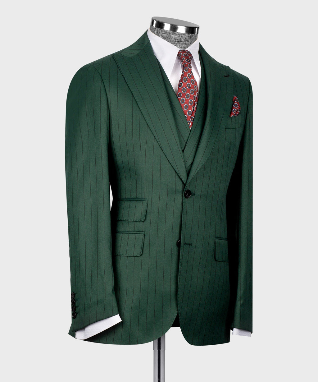 Green striped suit jacket on mannequin with red patterned tie and chest pocket