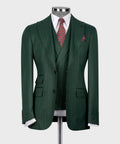 Green striped suit jacket with matching waistcoat and red patterned necktie
