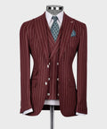 Deep burgundy pinstripe blazer with vest, tie and pocket square
