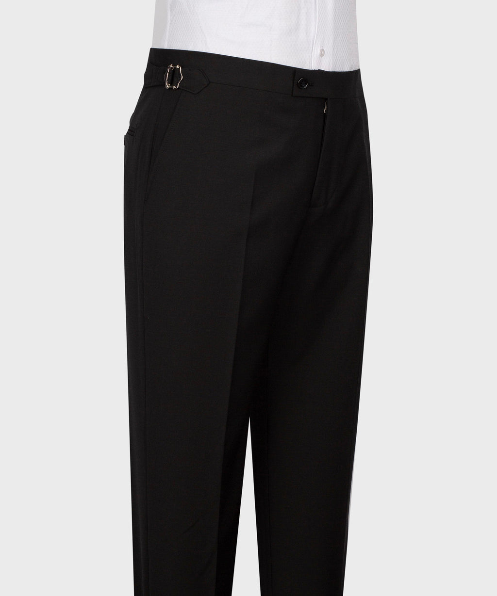 Black dress trousers with belt loops and single hook waist closure.