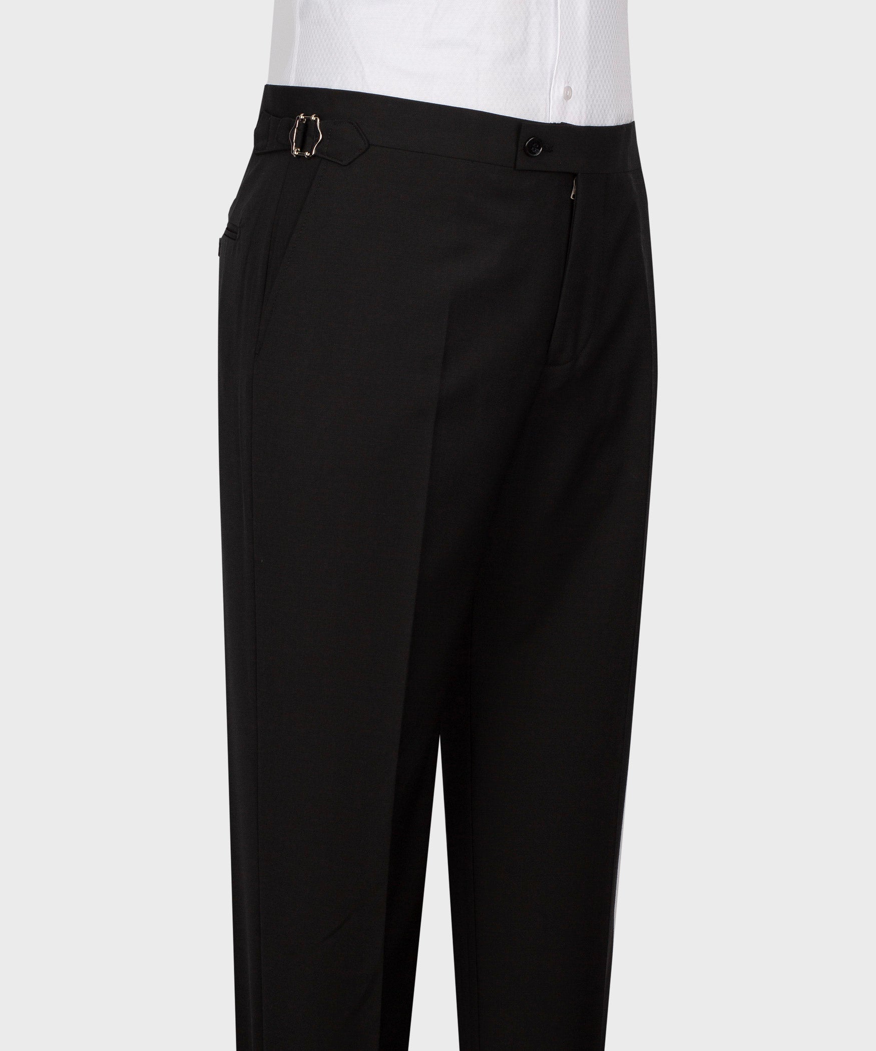 Black dress trousers with belt loops and single hook waist closure.