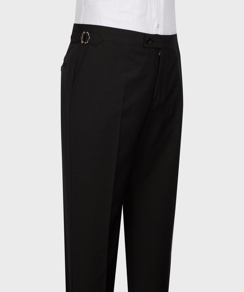 Black dress trousers with belt loops and single hook waist closure.