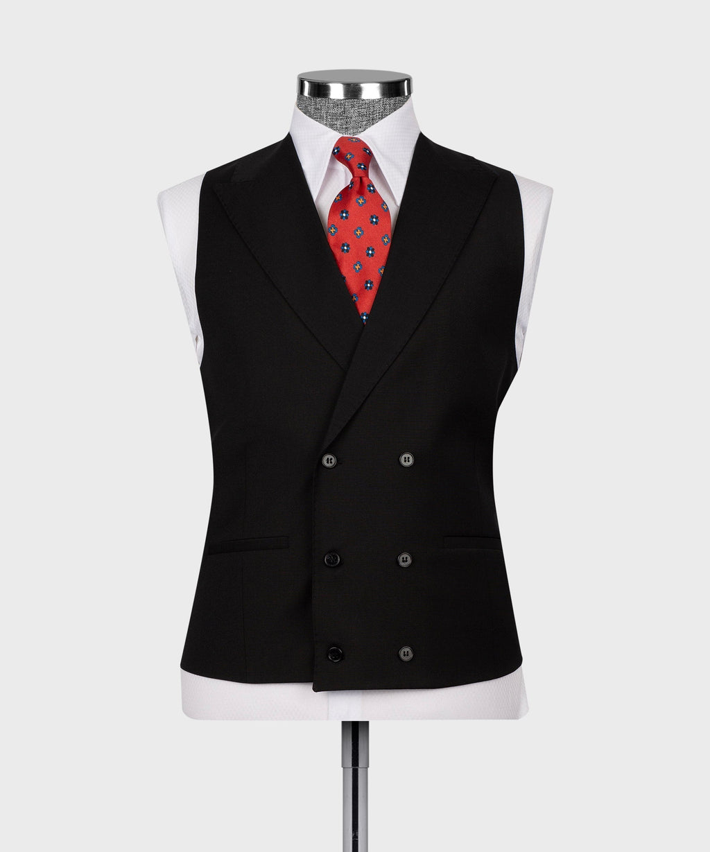 Black 3-piece vest suit with red patterned tie and matching pocket square.
