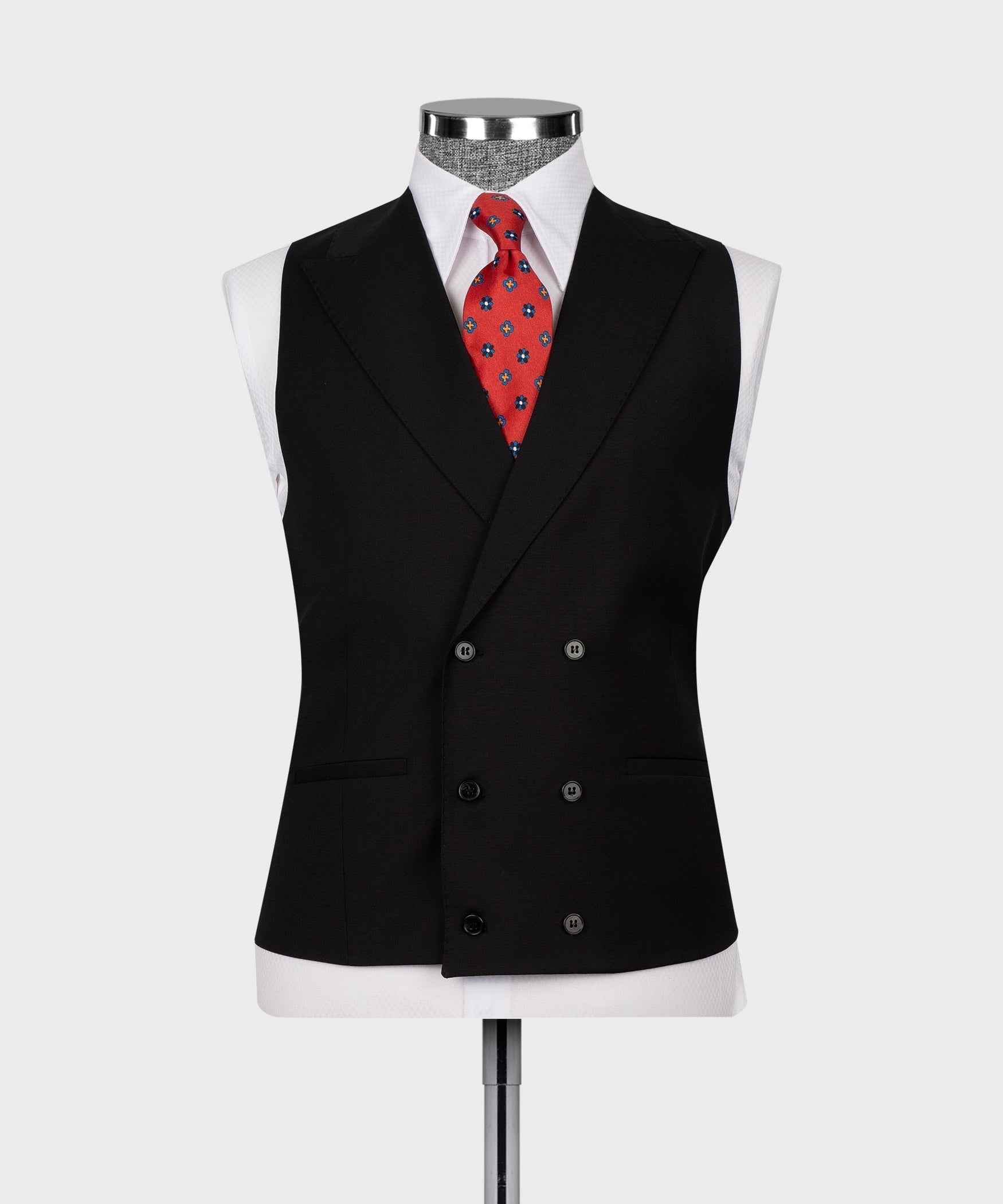 Black 3-piece vest suit with red patterned tie and matching pocket square.