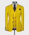 Yellow striped three-piece suit: jacket, waistcoat, black tie