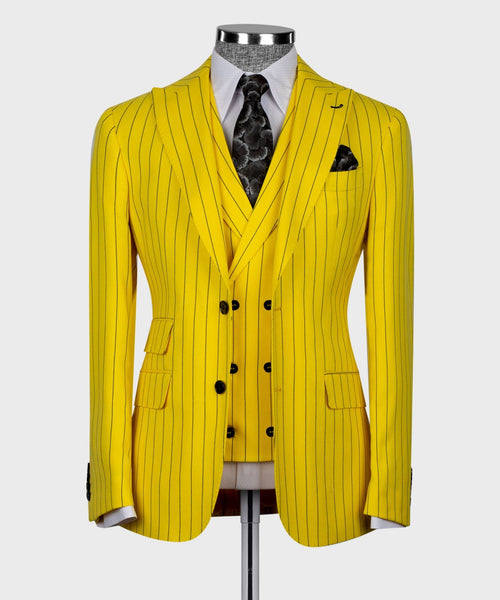 Yellow striped three-piece suit: jacket, waistcoat, black tie