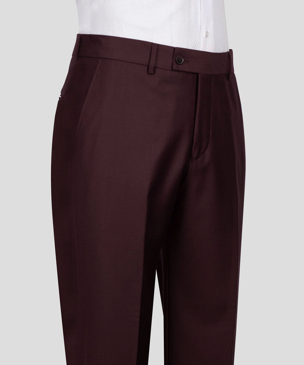 Burgundy tailored trousers with belt loops, button waistband and straight legs