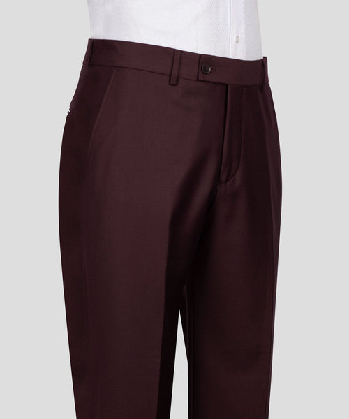 Burgundy tailored trousers with belt loops, button waistband and straight legs