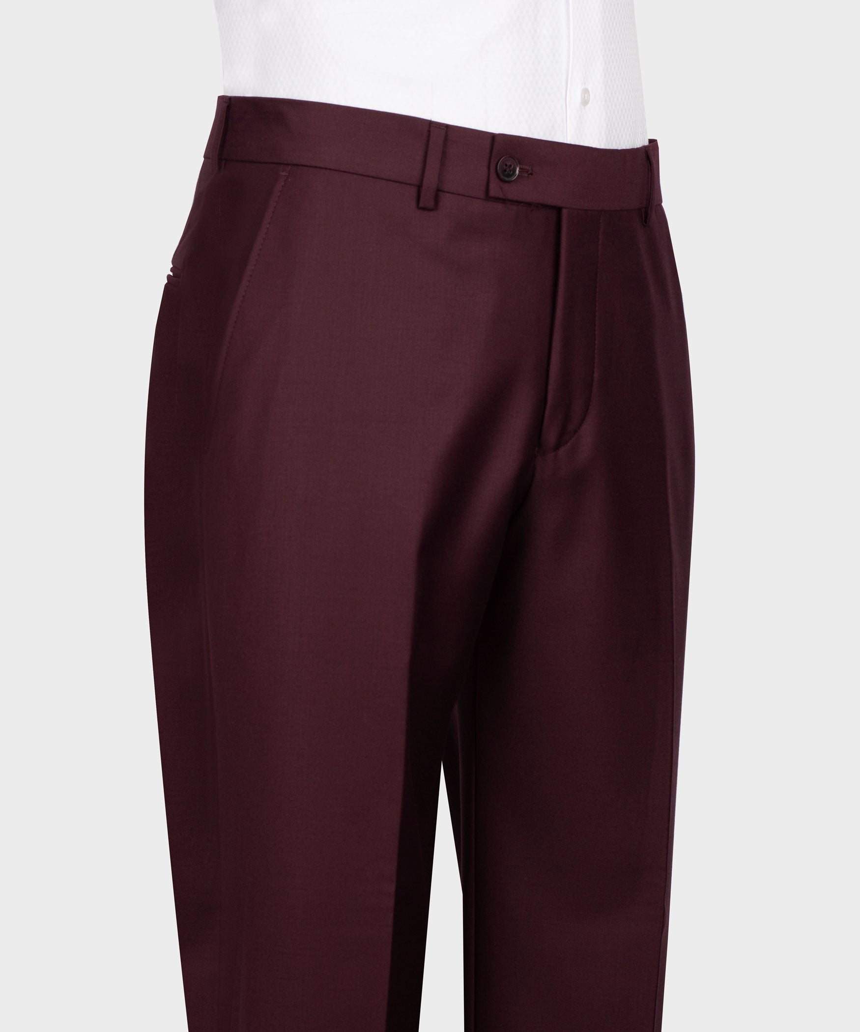 Burgundy dress trousers with straight leg and waistband closure.