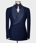 Navy tuxedo blazer with satin bow tie, vest front and white dress shirt