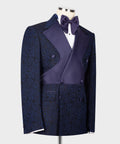 Navy double-breasted tuxedo set with patterned jacket, satin vest and bow tie