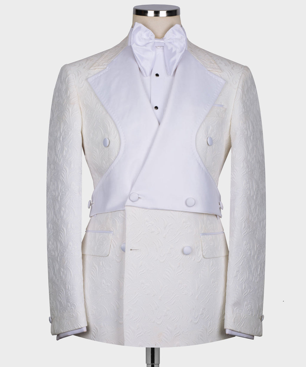 White double-breasted tuxedo jacket with bow neck shirt and matching trousers, front view