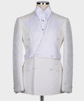 White double-breasted tuxedo jacket with bow neck shirt and matching trousers, front view