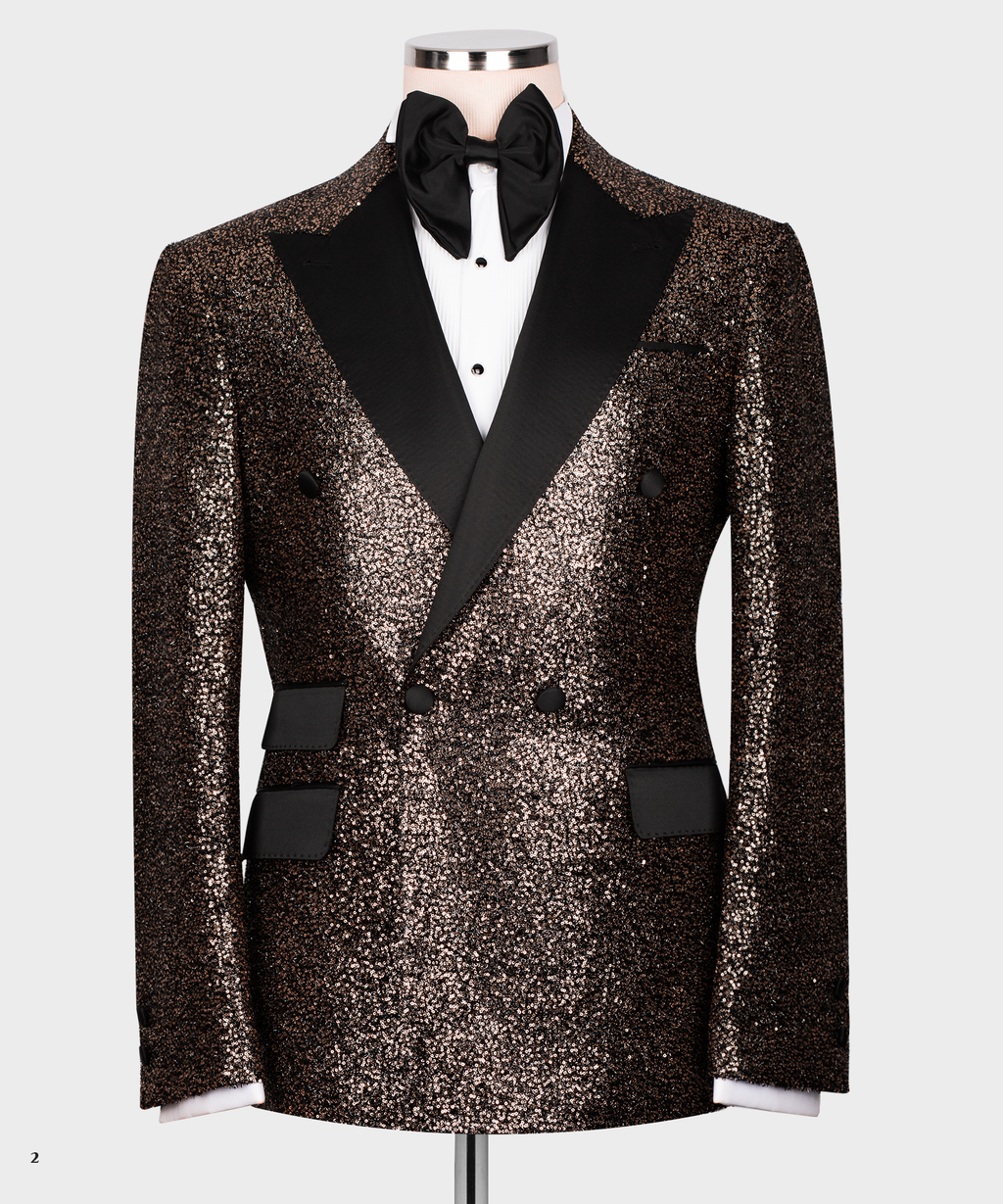 Men's tuxedo jacket with black satin lapels and copper-gold sequin body; bow tie