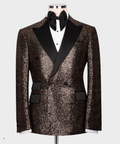 Men's tuxedo jacket with black satin lapels and copper-gold sequin body; bow tie