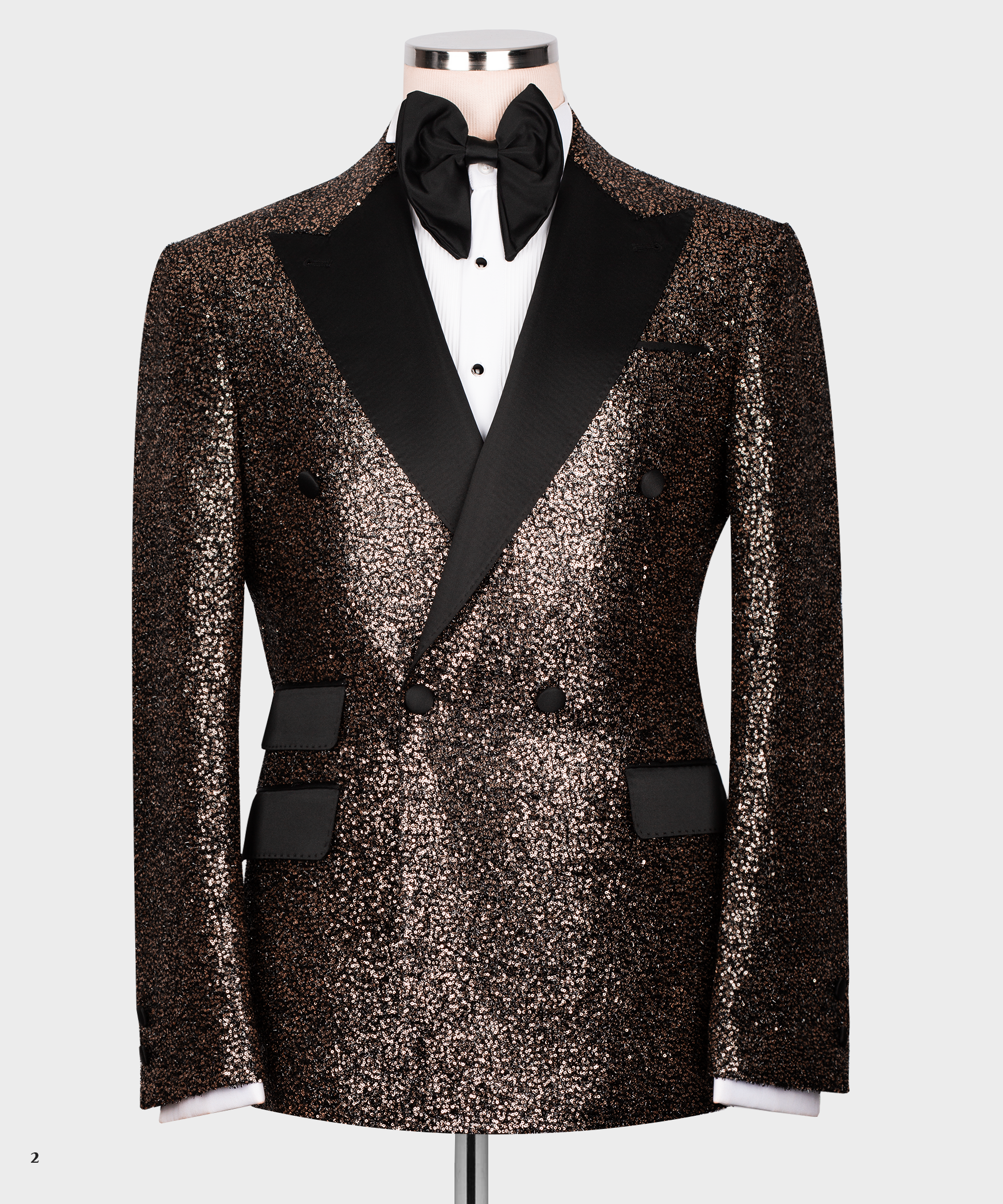 Men's tuxedo jacket with black satin lapels and copper-gold sequin body; bow tie