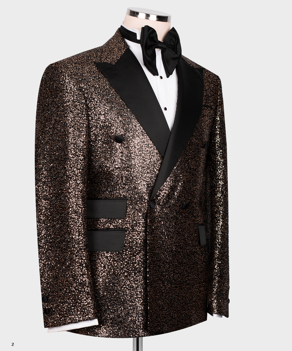 Copper-gold sequin tuxedo jacket with black under-collar, pocket flap details