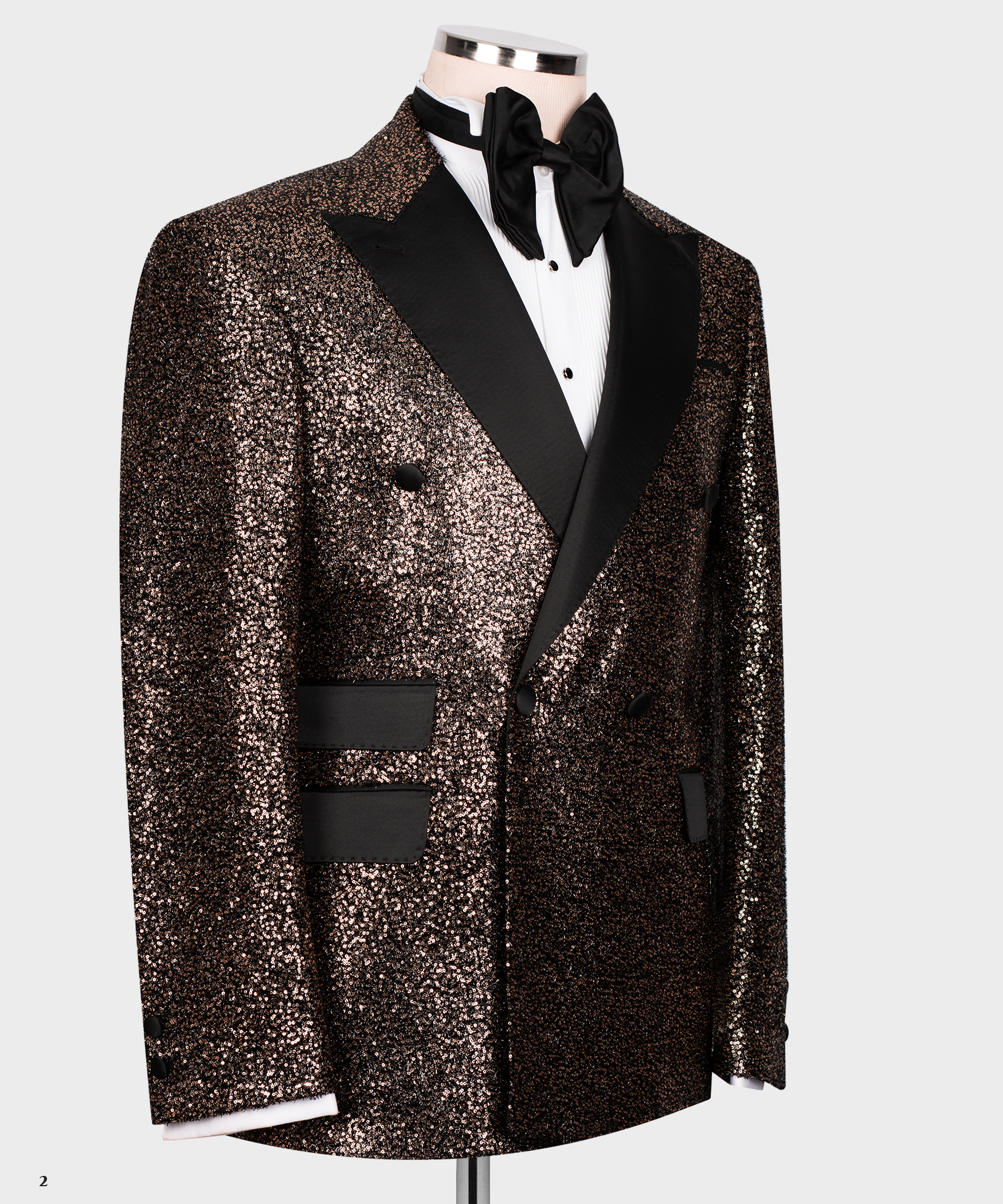 Copper-gold sequin tuxedo jacket with black under-collar, pocket flap details
