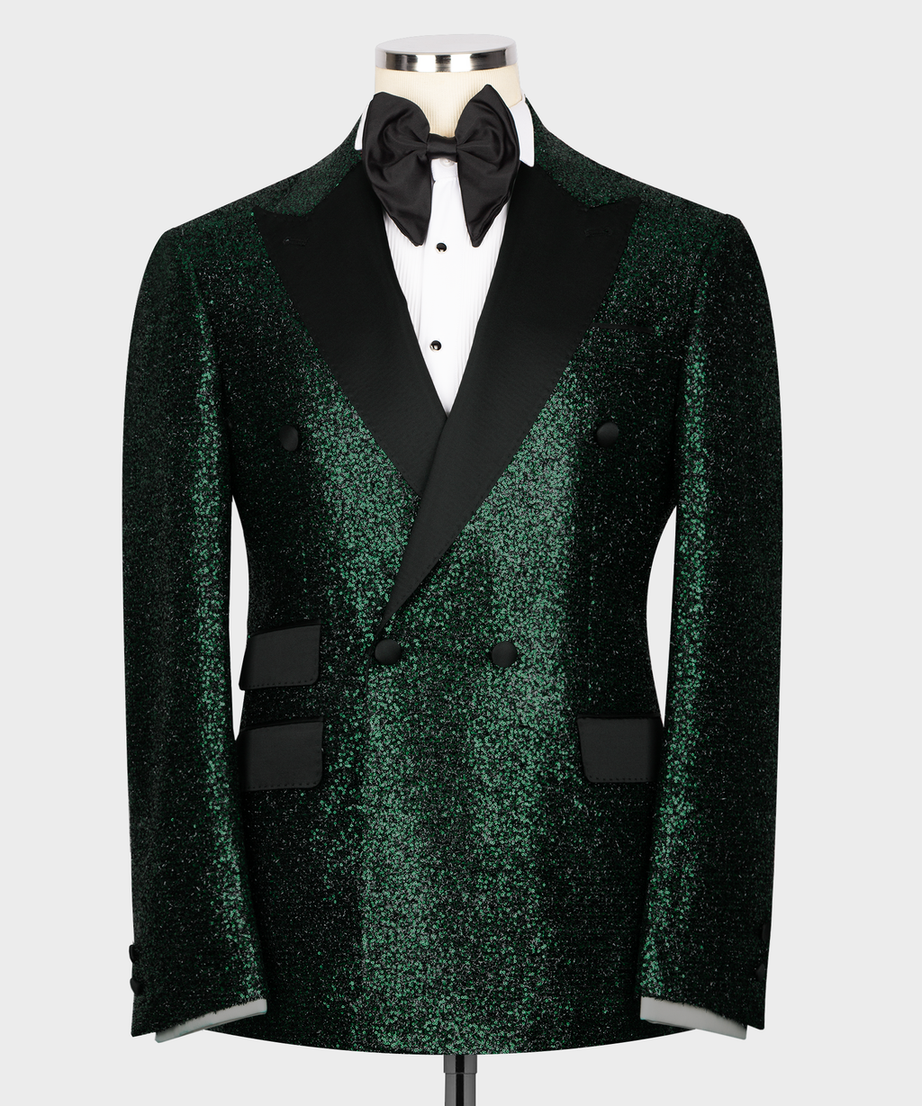 Green sequin tuxedo jacket with black lapels, bow tie, satin shirt front