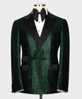Green sequin tuxedo jacket with black lapels, bow tie, satin shirt front