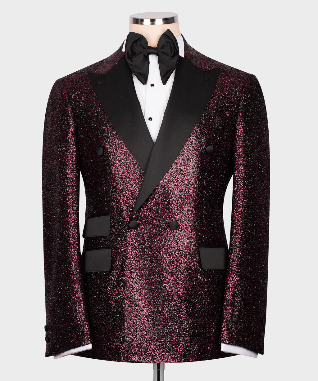 Men’s tuxedo jacket with dark pink sequin body, black satin lapels and bow tie