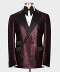Men’s tuxedo jacket with dark pink sequin body, black satin lapels and bow tie