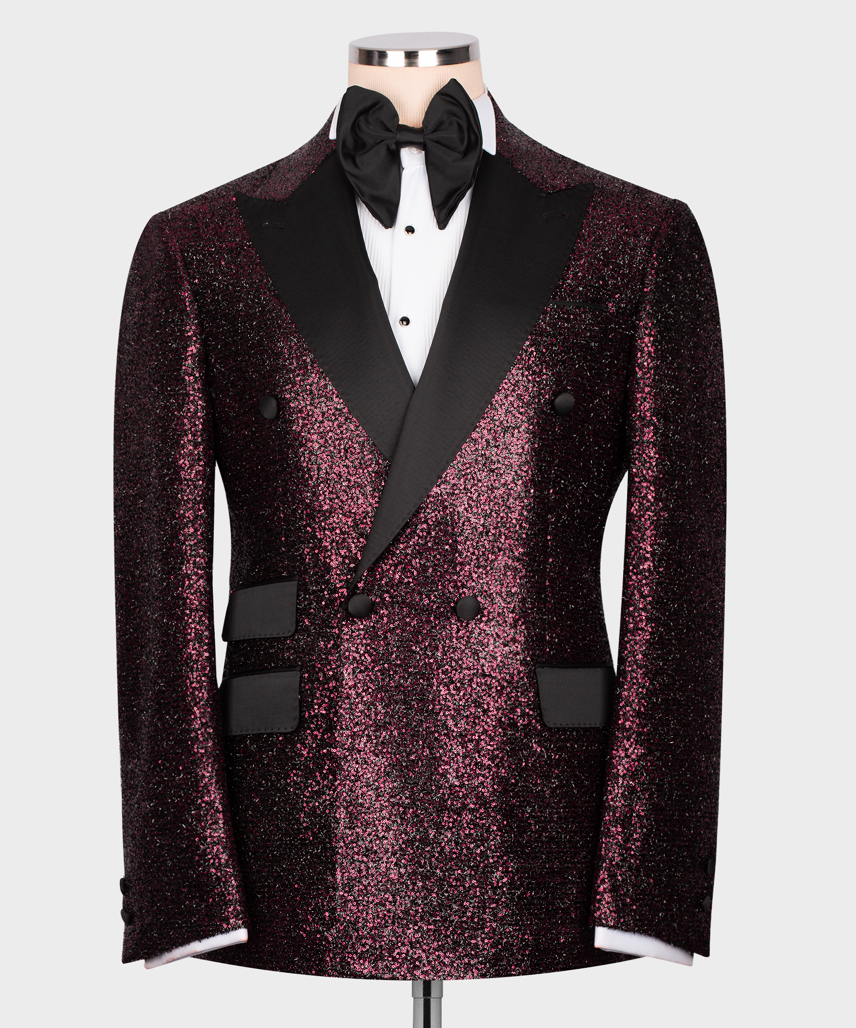 Men’s tuxedo jacket with dark pink sequin body, black satin lapels and bow tie