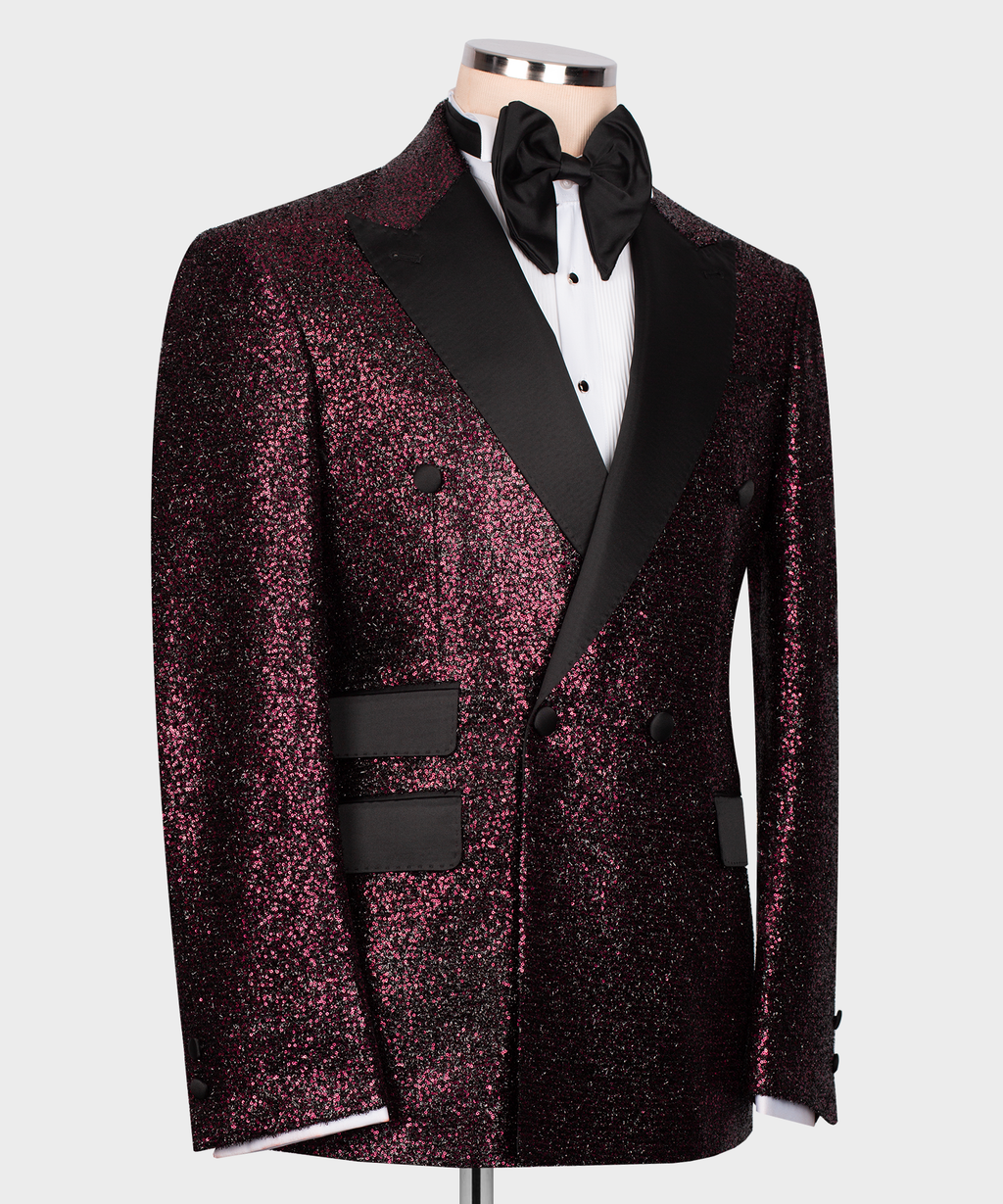 Men’s tuxedo jacket side view: dark pink sequin fabric, black vest panel, bow tie