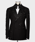 Black tuxedo suit jacket with bow tie, jeweled embellishment and satin lapels