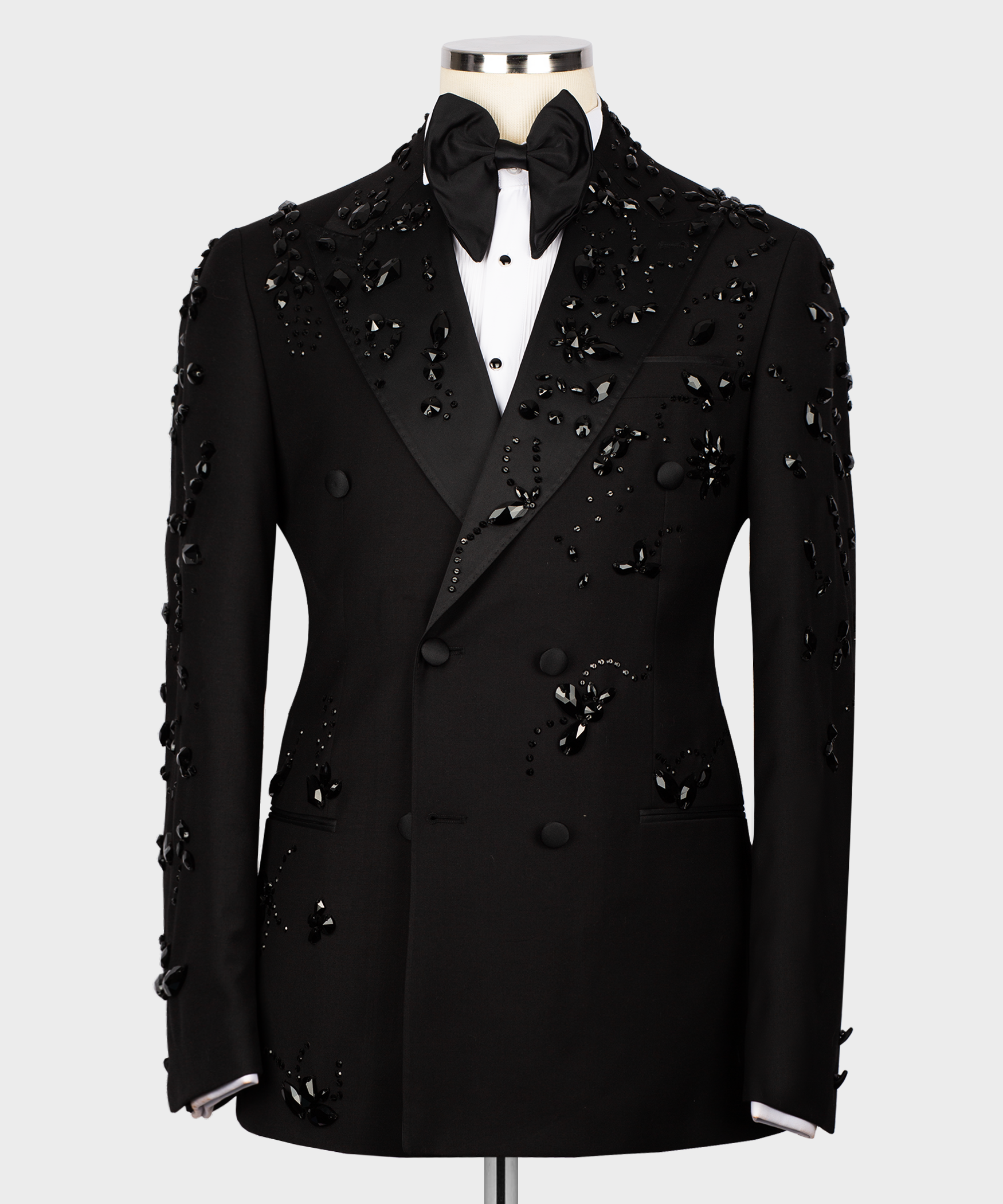 Black tuxedo suit jacket with bow tie, jeweled embellishment and satin lapels
