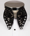 Men's beaded bow tie in black satin with silver bead and rhinestone embellishments