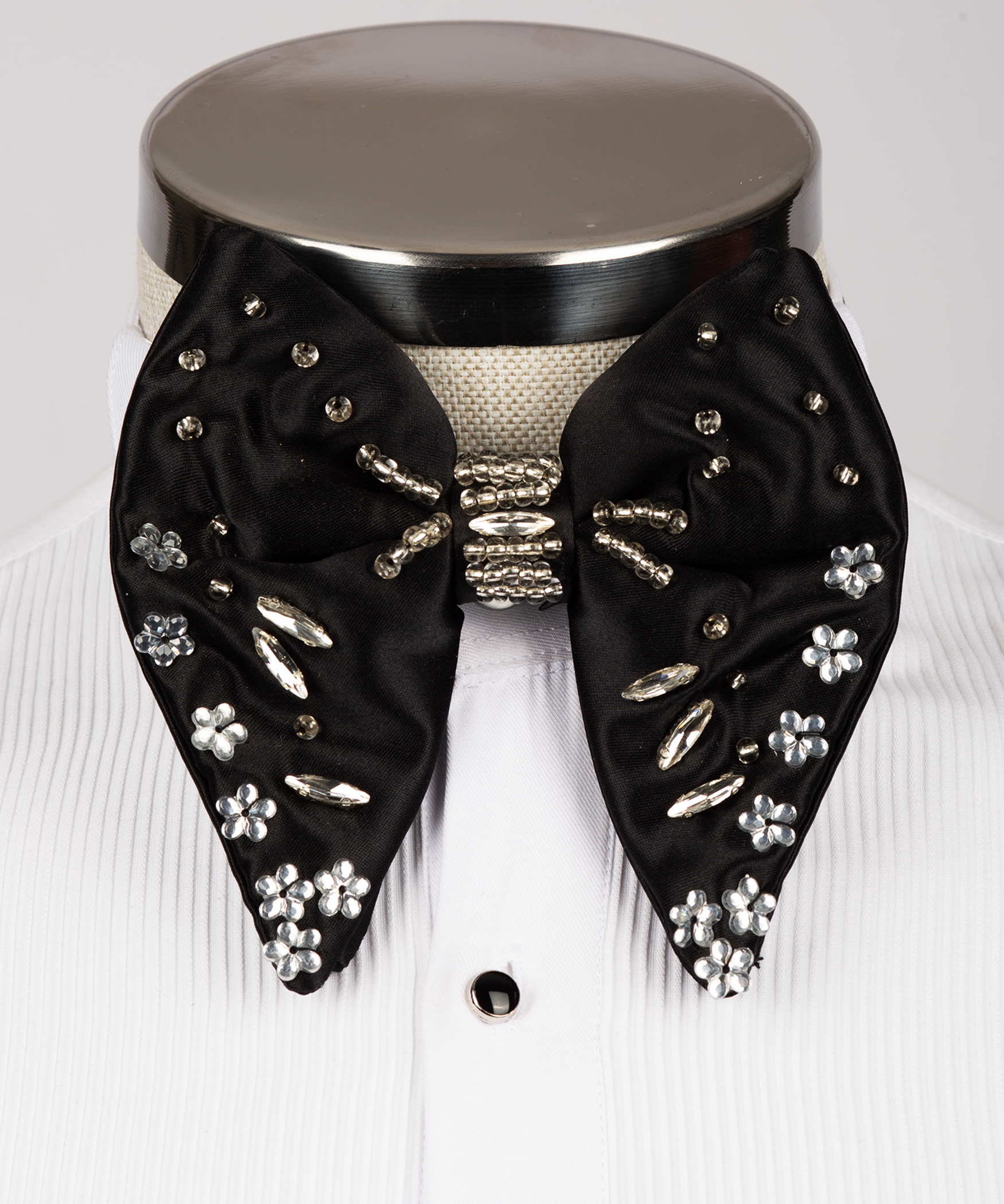 Men's beaded bow tie in black satin with silver bead and rhinestone embellishments