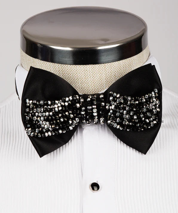 Koss Atelier black silk bow tie embellished with sparkling silver and black crystal beads.