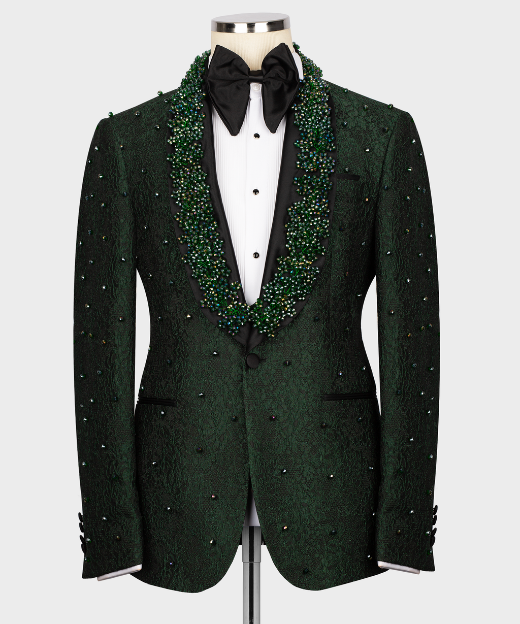 Green embroidered tuxedo jacket with green-and-silver beaded trim and black bow tie