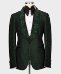 Green embroidered tuxedo jacket with green-and-silver beaded trim and black bow tie