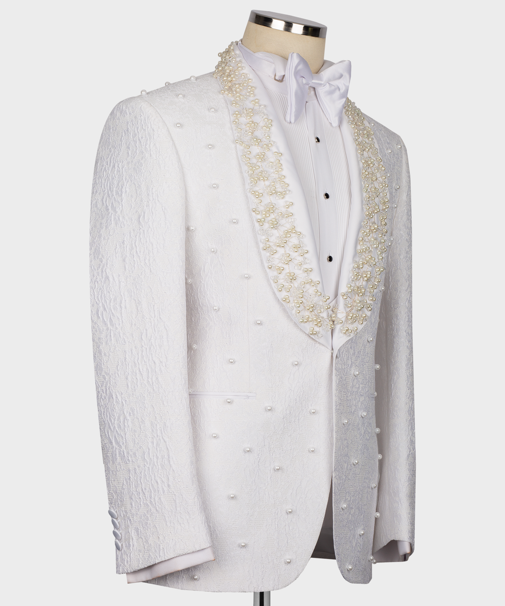 White tuxedo jacket with gold pearl-bead embroidery and satin bow tie detail