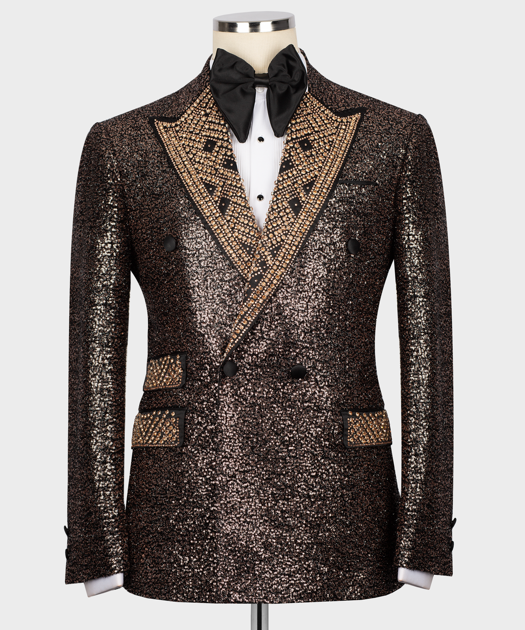 Copper sequin tuxedo jacket with stone-embroidery V, black satin lapels and buttons