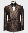 Copper sequin tuxedo jacket with stone-embroidery V, black satin lapels and buttons