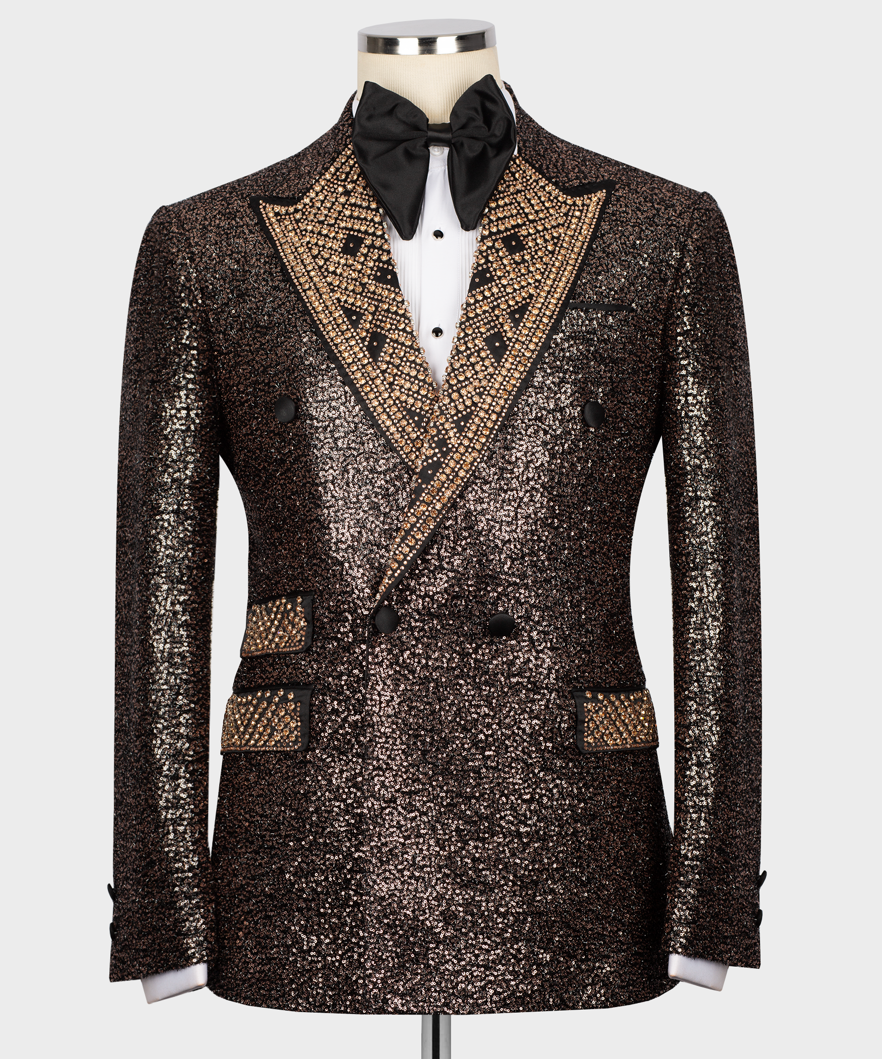 Copper sequin tuxedo jacket with stone-embroidery V, black satin lapels and buttons