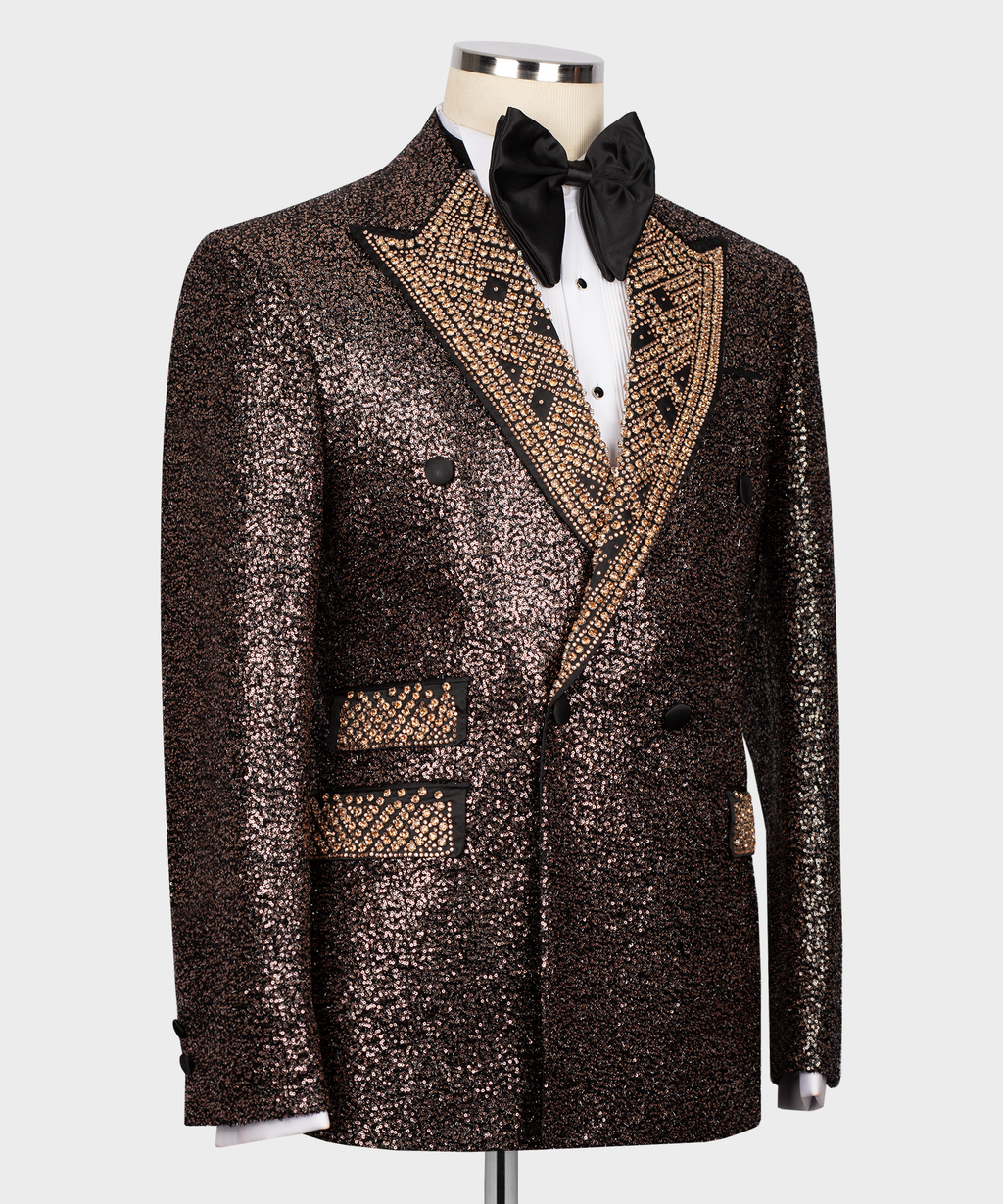 Copper-brown sequin tuxedo jacket with black lapels and gold stone trim, bow at neck