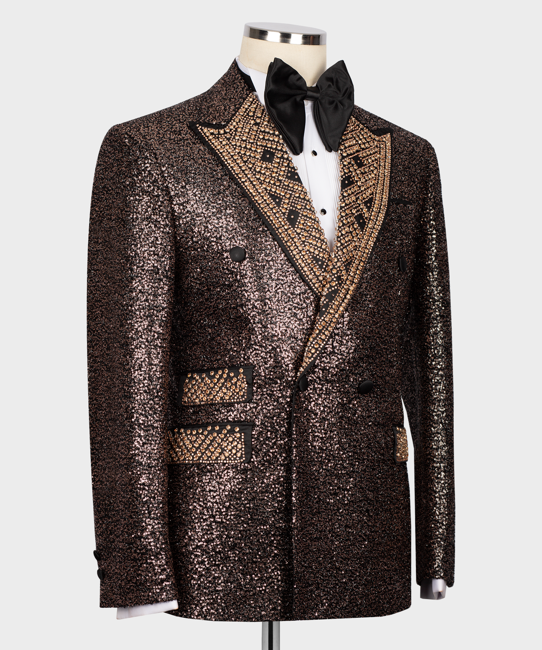Copper-brown sequin tuxedo jacket with black lapels and gold stone trim, bow at neck